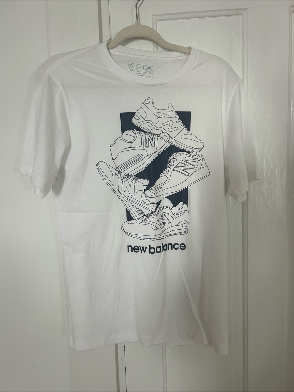 New Balance White Tee with Navy Shoe Graphic